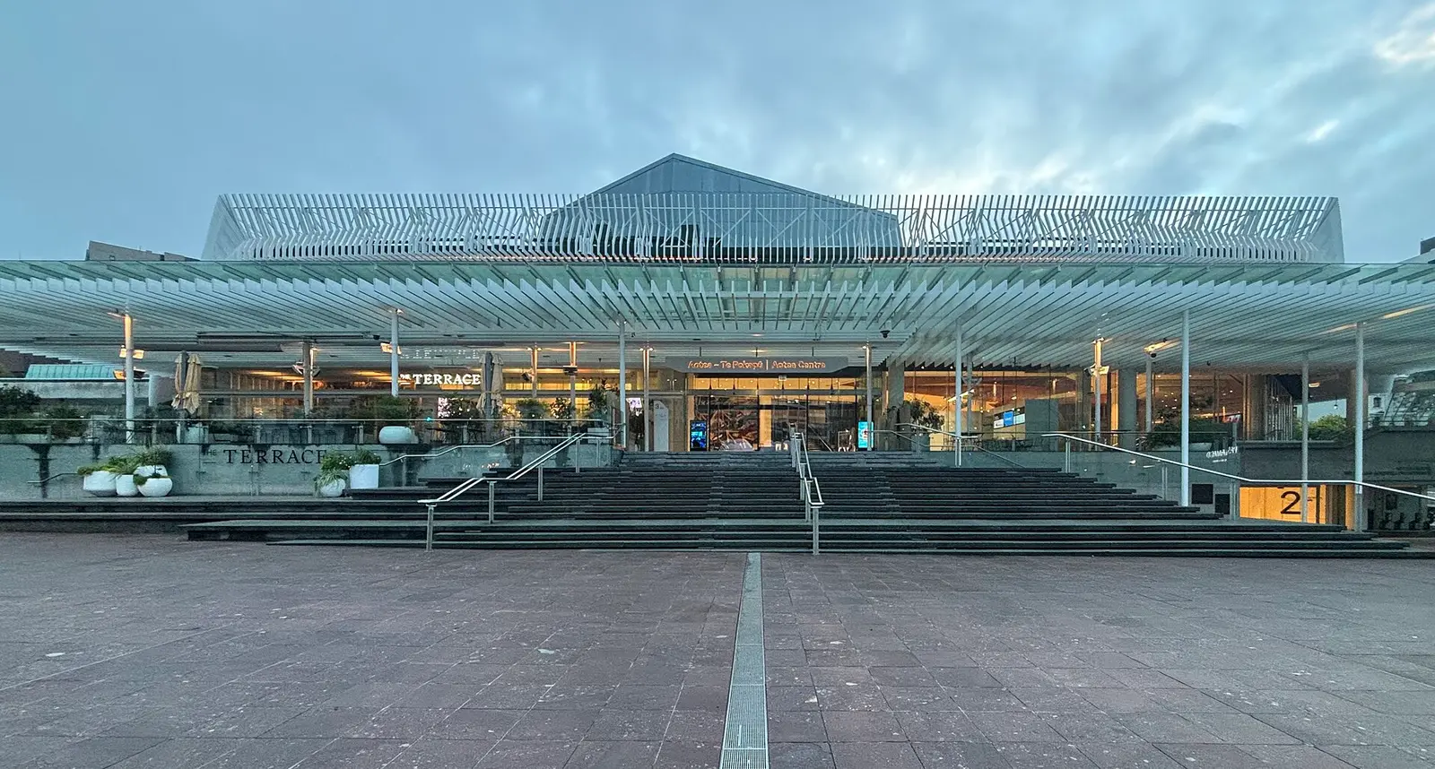 The glass-fronted Aotea Centre and its forecourt in central Auckland