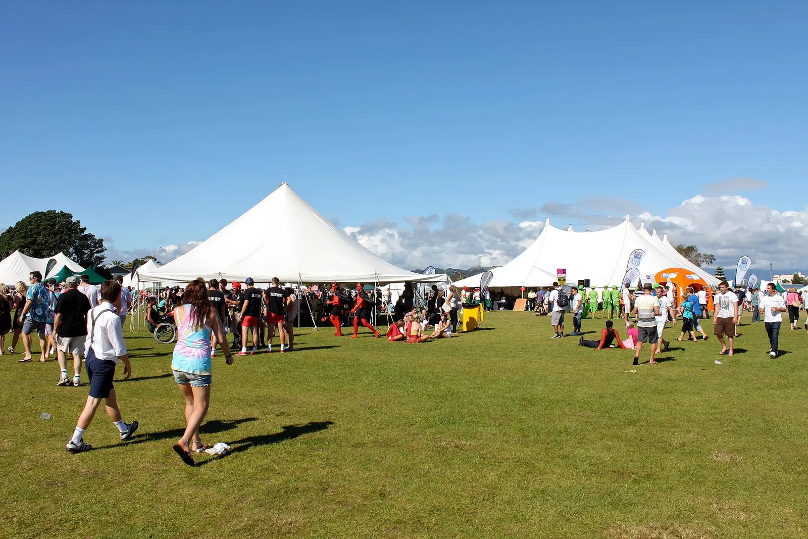 Crowds and marquees on the grass at Hokitika Wildfoods Festival