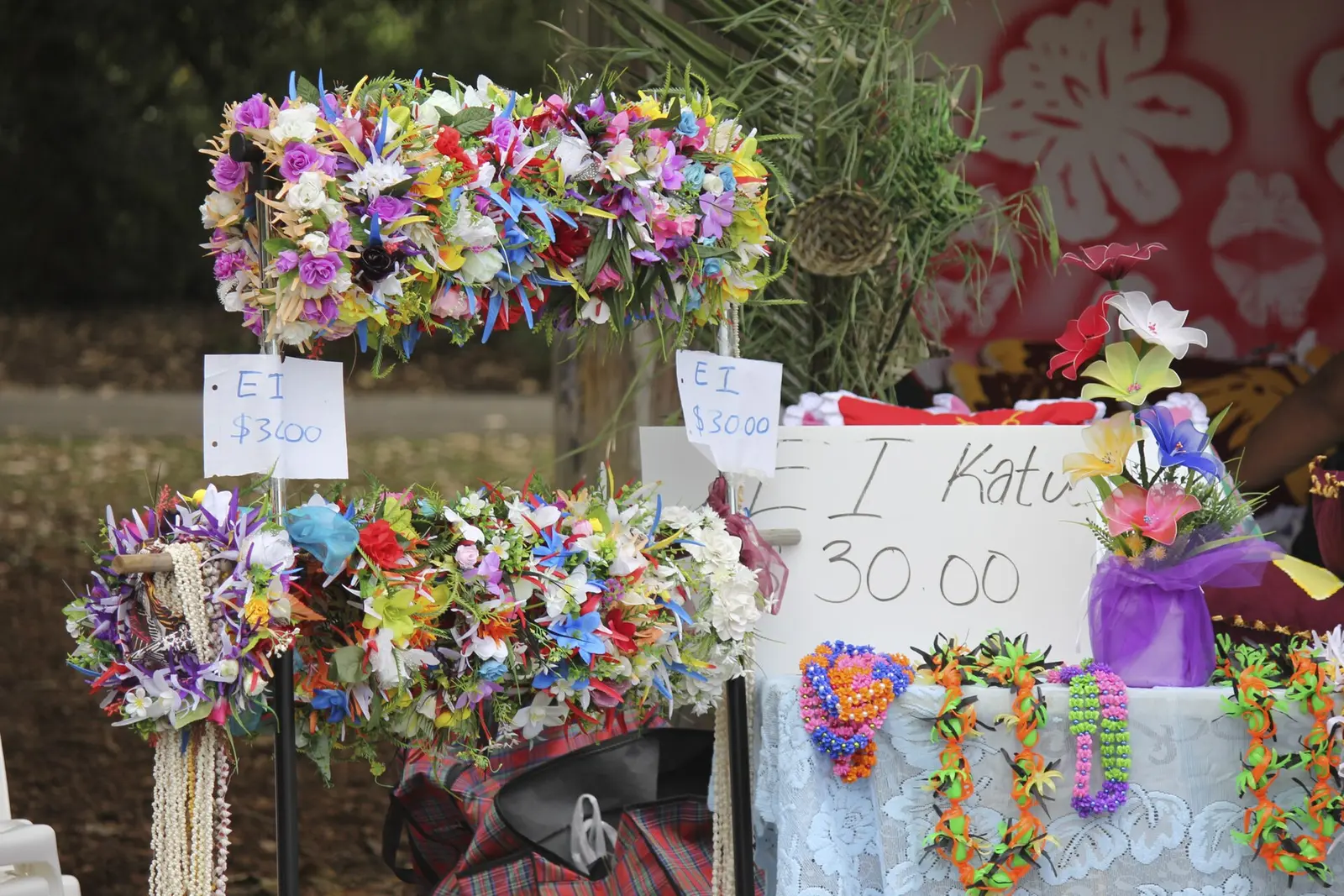 Flower garlands for sale at the Cook Islands village at the 2016 Pasifika Festival