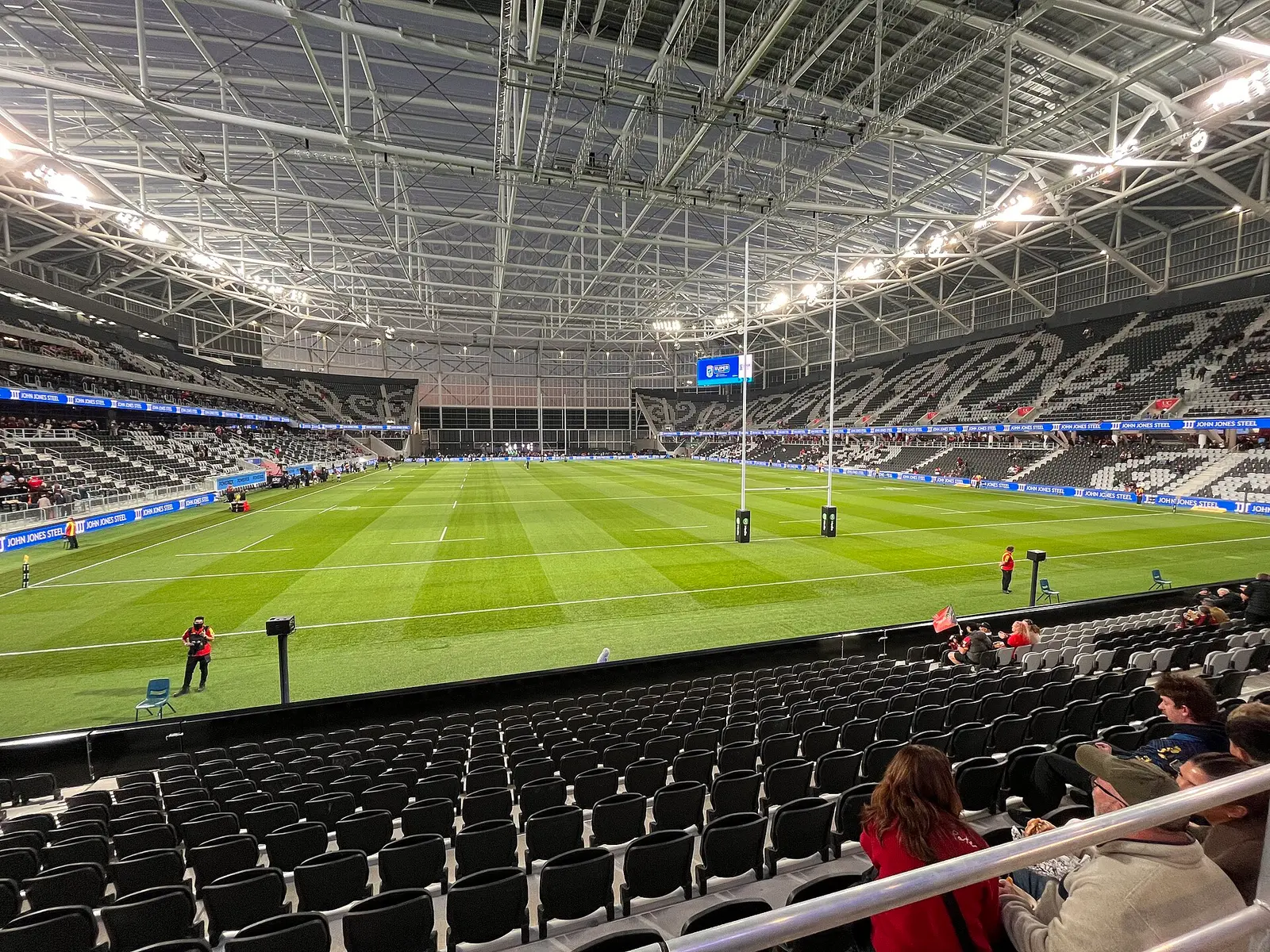 Interior of Te Kaha stadium in Christchurch looking over the pitch